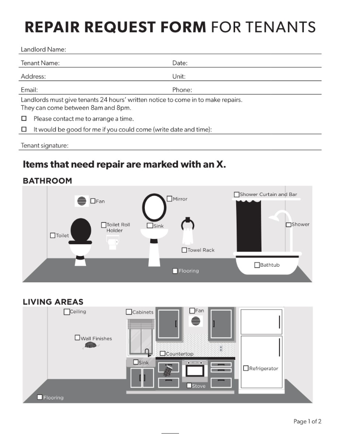 Illustrated Repair Request Form for Tenants with drawings