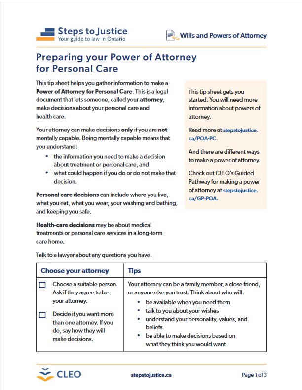 Tip sheet – Preparing your Power of Attorney for Personal Care