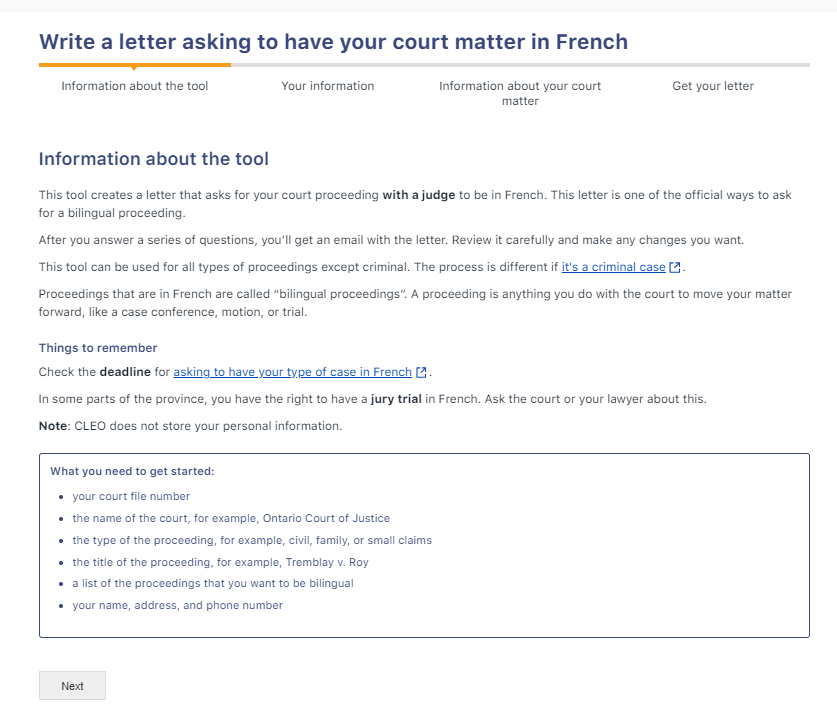 Utilisez cet outil pour écrire une lettre demandant au tribunal que votre procédure devant un juge se déroule en français.